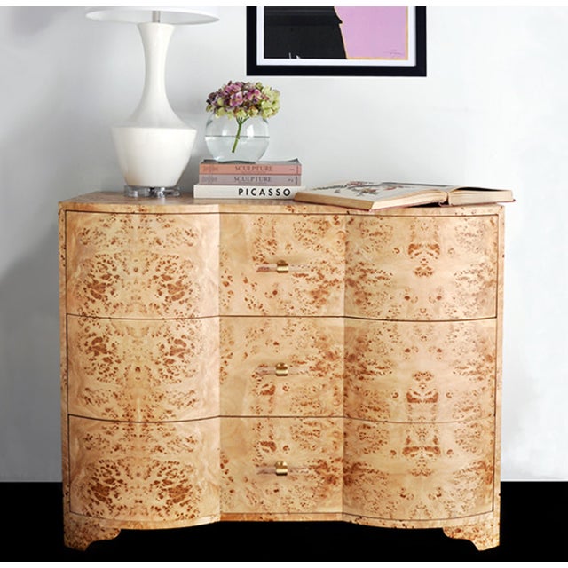 2020s Matthew Izzo Home Plymouth Light Burlwood Three Drawer Chest With Acrylic and Brass Drawer Pulls For Sale - Image 5 of 7