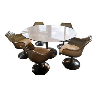 1970s Vintage Mid Century Chromcraft Tulip Amber Glass Dining Table + 5 Lucite Armchairs - Set of 6 For Sale