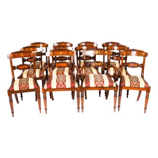 Vintage Regency Revival Burr Walnut Marquetry Dining Chairs, 2000s, Set 12 For Sale