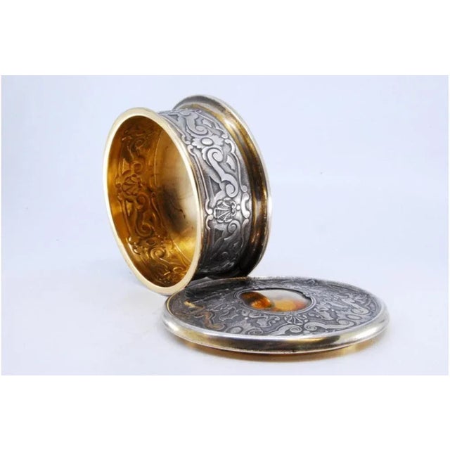 Jewelry Box in Embossed Silver with Circular Plant Motifs, Gold Interior and Antique Lady Removable Lid For Sale - Image 5 of 10