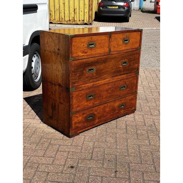 Antique Brass Bound Campaign Chest, Military Chest. Splits In 2 Pieces. Fine Proportions, Splits In 2 Pieces. 97 cms high...