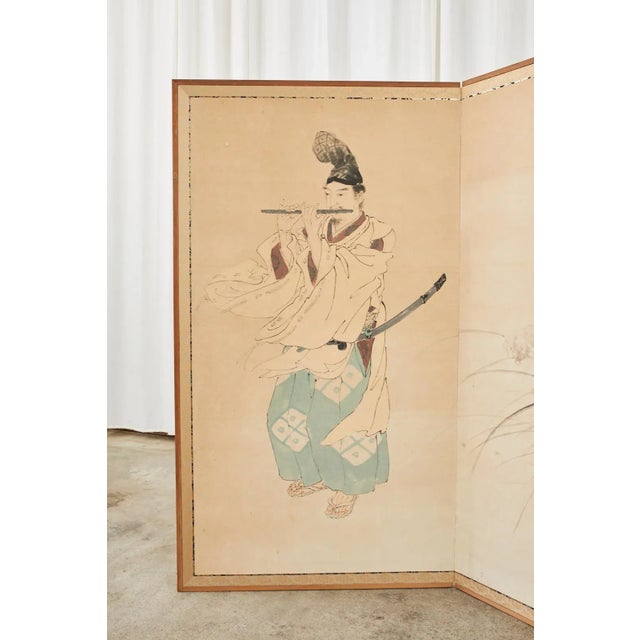 Japanese Japanese Taisho Two Panel Screen Heian Period Flute Player For Sale - Image 3 of 13