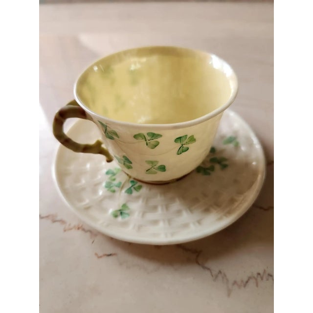 Fine Irish Belleek Demitasse Cup and Saucer basketweave shamrock eggshell antique porcelain Saucer 4.5 Cup 2.5 x 2h maker...