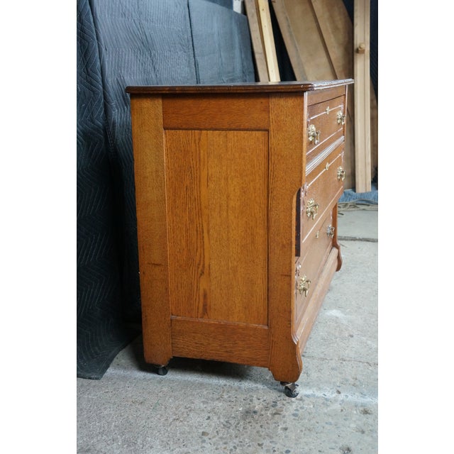 Antique Victorian Eastlake Oak Three Drawer Carved Dresser Chest Casters 43" For Sale - Image 14 of 18