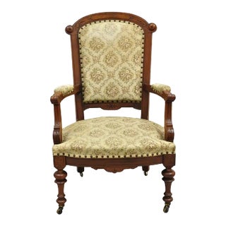 Antique Victorian Carved Walnut Tapestry Upholstered Parlor Lounge Arm Chair For Sale