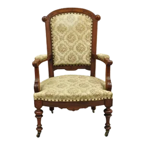 Antique Victorian Carved Walnut Tapestry Upholstered Parlor Lounge Arm Chair