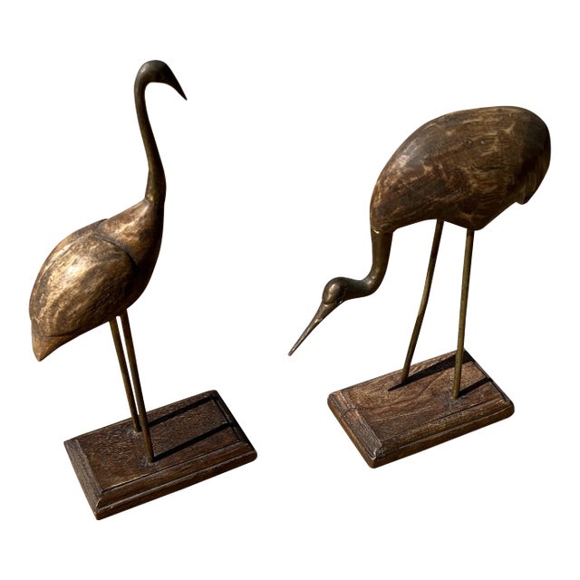 1970s Wood and Brass Cranes - Set of 2 For Sale