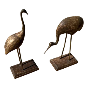 1970s Wood and Brass Cranes - Set of 2