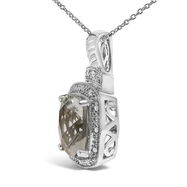 Haus of Brilliance Sterling Silver Cushion Gray Green Amethyst and Diamond Accent Halo Pendant Necklace For Sale - Image 4 of 4