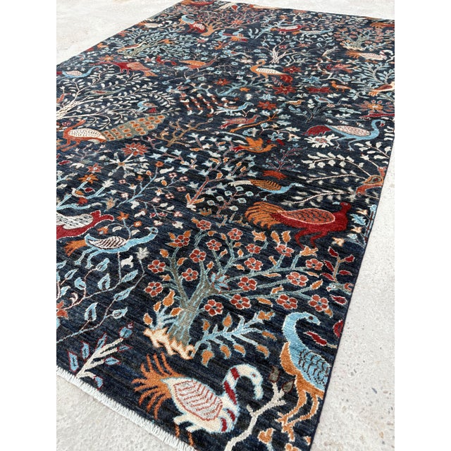 2000 - 2009 Tree of Life Area Rug, Hand-Knotted Wool, Pictorial, 6x9, Navy & Rust For Sale - Image 5 of 11