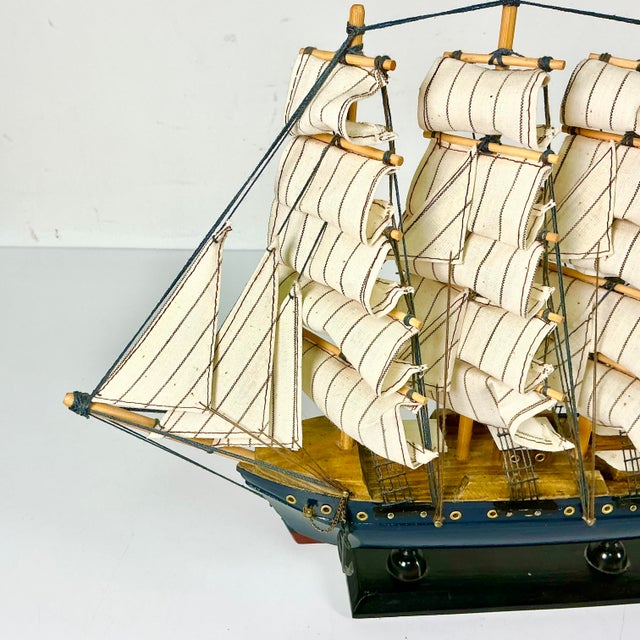 Wood Mid-Century Nautical Coastal Boho Chic Wood Four Tall Mast Ship Model For Sale - Image 7 of 16