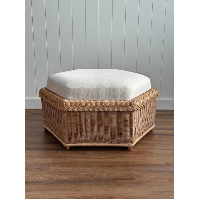 A rare sculptural braided wicker ottoman by Brown Jordan, designed with the geometry and warmth that defined late 1970s to...