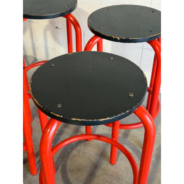 Mid-Century Modern Set of 6 Red Plywood Bar Stools With Metal Frames Mid-Century Modern For Sale - Image 3 of 9