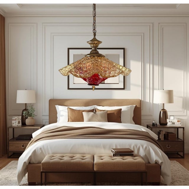 Vintage Murano Fazzoletto Art Glass “Fiore Di Fuoco” Amber Red Pendant Light For Sale - Image 16 of 18