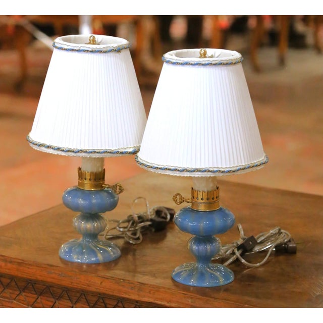 Mid 20th Century Pair of Mid-Century Italian Murano Blue Art Glass Table Lamps With Custom Shades For Sale - Image 5 of 8