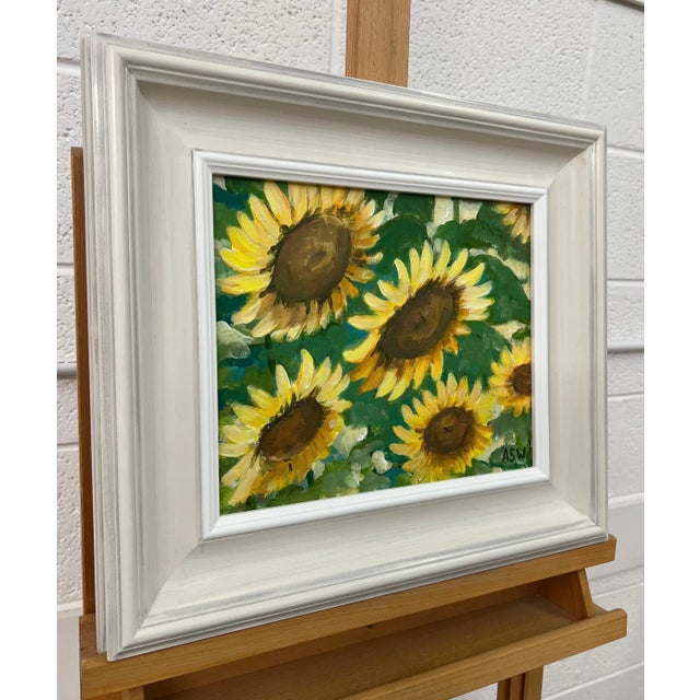 Golden Yellow Sunflowers Study on Green Background by Contemporary British Artist, Angela Wakefield. Art measures 12 x 10...