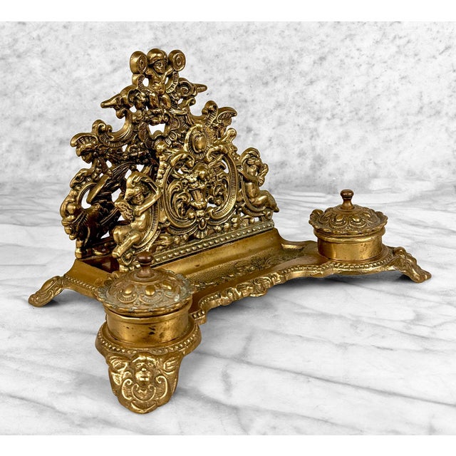 Victorian Vintage Italian Rococo Brass Cherub Double Inkwell Letter Holder Desk Set For Sale - Image 3 of 10