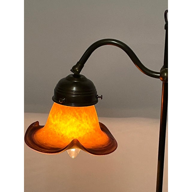 Antique Brass Table Lamp with Pate De Verre Glass Shade from Unbekannt, 1920s For Sale - Image 4 of 8