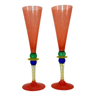 Mid 20th Century Harlequin Gense Berit Johansson Glass Champagne Flutes Multicolor Signed - a Pair For Sale
