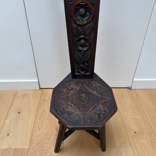 Antique Hand Carved Folk Art Spinning Chair With Heart and Floral Motifs For Sale - Image 4 of 12