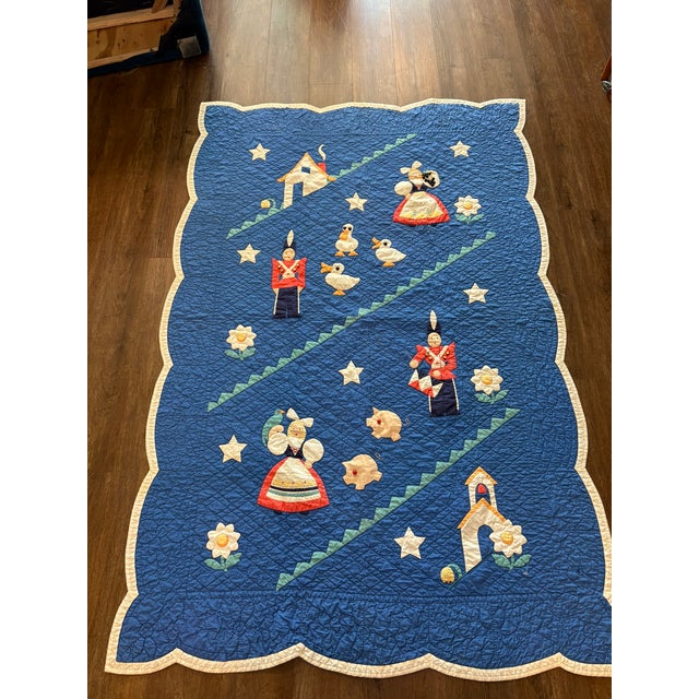1930s Antique Handmade Dutch Folk Art Applique Child’s Nursery Quilt Textile Art For Sale - Image 4 of 14