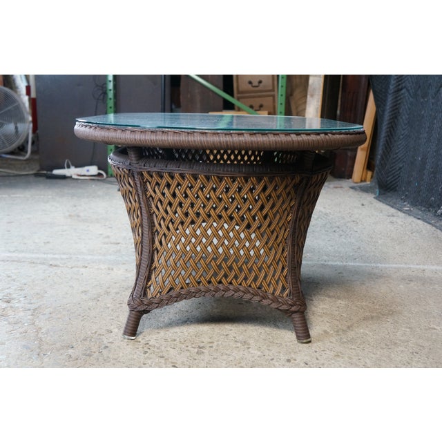 Lloyd Flanders Oval Wicker Coffee Table Two Tone Patio Table With Glass Top Boho For Sale - Image 10 of 18