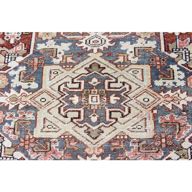 Persian Heriz With Geometric Medallion in Soft Red, Gray Blue With Soft Greens 7'6 X 10'8 For Sale - Image 9 of 13