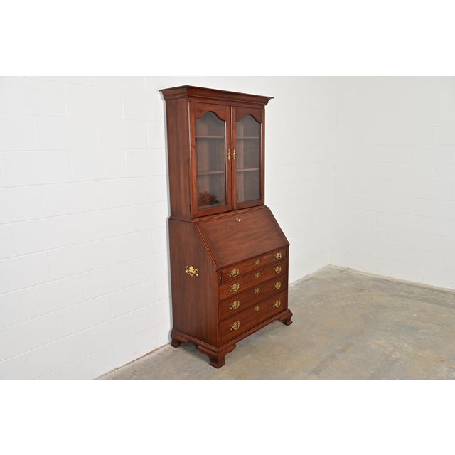 Queen Anne Henkel Harris Georgian Solid Cherry Wood Drop Front Secretary Desk With Bookcase Hutch, 1970s For Sale - Image 3 of 12