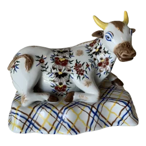Japanese Porcelain Seated Cow-In the Style of Delft Earthenware