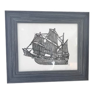 Vintage Framed Nautical Ship Block Print, Signed For Sale