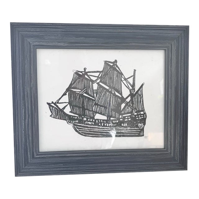Vintage Framed Nautical Ship Block Print, Signed For Sale