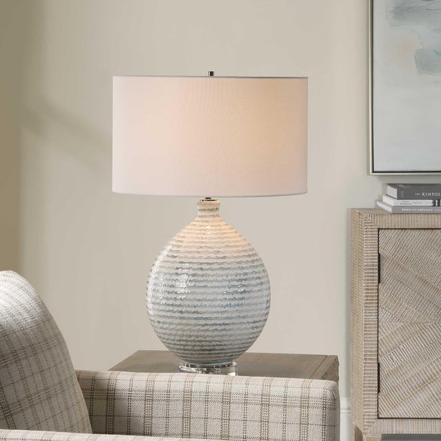 Featuring A Textured, Horizontally Striped Ceramic Base In Soothing White And Gray Tones, The Clary Table Lamp Elegantly...
