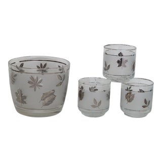 Libbey Silver Leaf Frosted Barware Glass Ice Bucket and Cups Set of Four For Sale