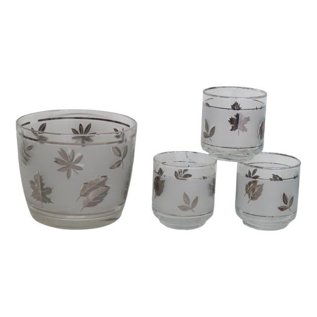 Libbey Silver Leaf Frosted Barware Glass Ice Bucket and Cups Set of Four For Sale