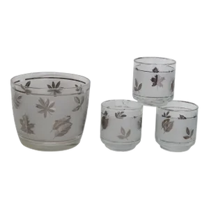 Libbey Silver Leaf Frosted Barware Glass Ice Bucket and Cups Set of Four