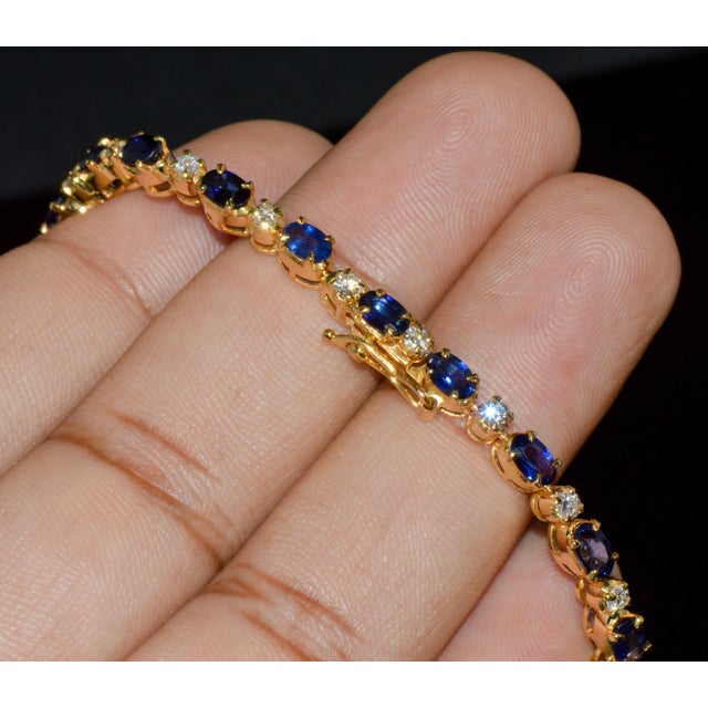 Certified Natural 7ct Blue Sapphire Diamond 18k Gold Tennis Stacking Bracelet For Sale - Image 11 of 16