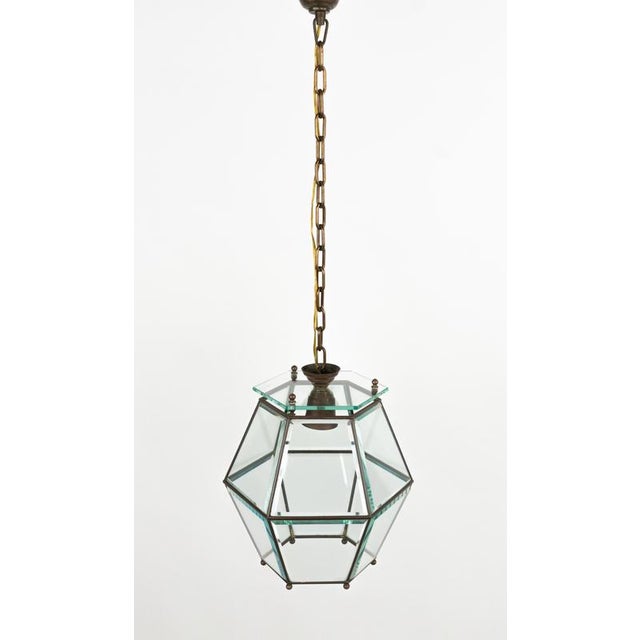 Metal Mid-Century Pendant in Brass and Beveled Glass in the style of Adolf Loos, Italy, 1950s For Sale - Image 7 of 12