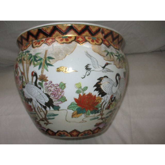 Vintage Chinese Satsuma Crane Design Koi Fish Bowl /Planter /Cachepot For Sale - Image 4 of 7