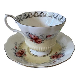Vintage Royal Albert Moonglow Teacup and Saucer, Rose Marie Series, English Bone China, Pink Roses & Yellow Gold Trim For Sale