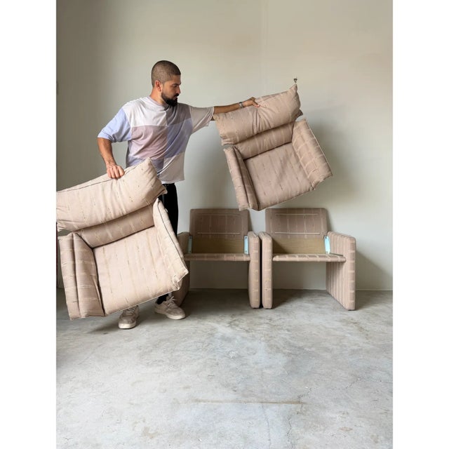 Wood 1980s Italian Postmodern Fully Upholstered Lounge Chairs on Casters – A Pair For Sale - Image 7 of 15