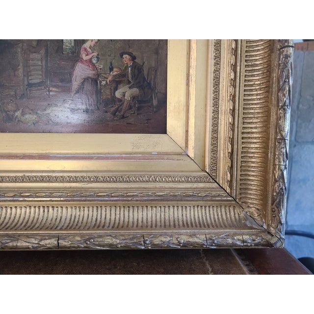 Antique 19th Century Oil Painting Rustic Cottage Interior Husband Wife & Dog For Sale - Image 10 of 12