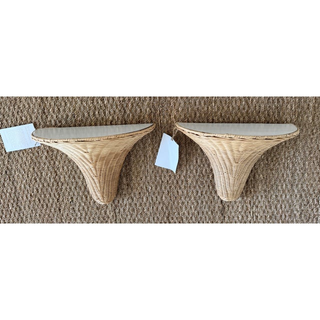 Amanda Lindroth Baytree brackets, a pair. Natural rattan with white mahogany shelf. Keyhole hangers. New with tags.