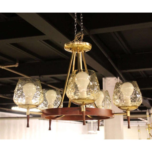 Brass & Walnut Danish Modern Five-Light Champagne Glass Shades Chandelier