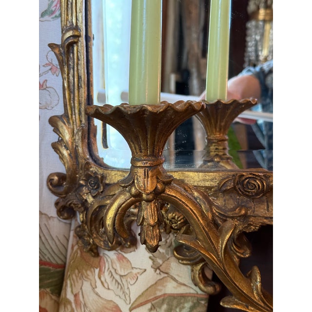 Vintage Rococo Style Gilt Triptych Girandole Mirror With Candle Sconces For Sale - Image 4 of 12