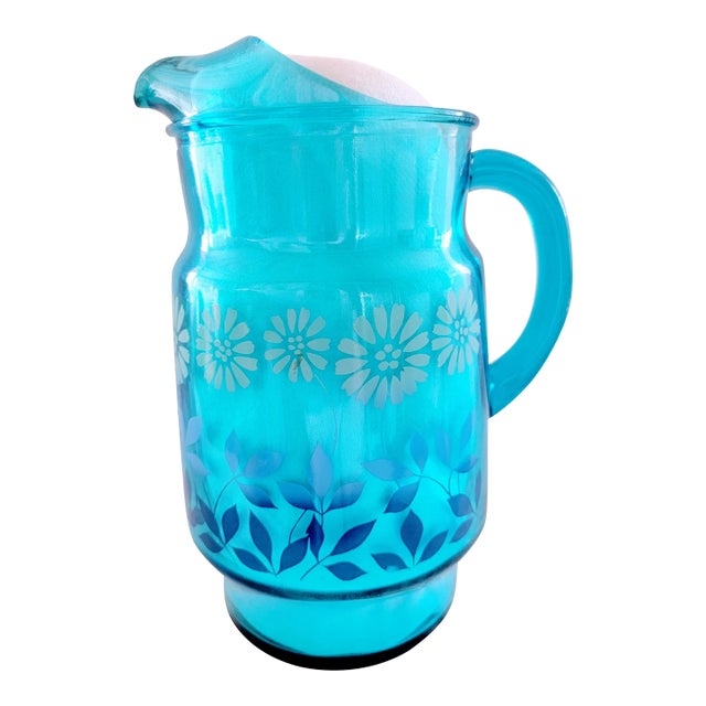 Reduced ~ Mid-Century Blues Glass Lemonade Pitcher For Sale