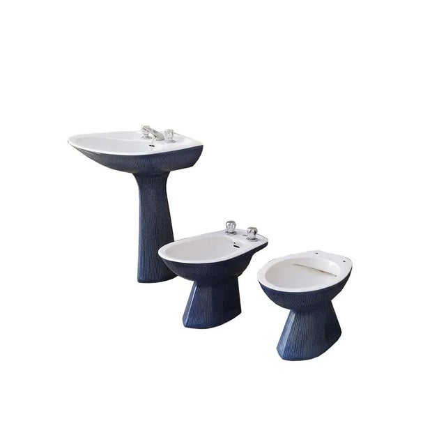 Bathroom sanitaryware set model "gardena" in blue glazed ceramic designed by antonia campi for ceramiche laveno,...