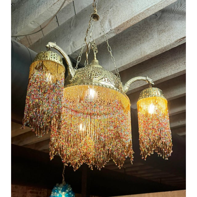 Vintage Brass Chandelier With Colorful Glass Beads For Sale - Image 9 of 12