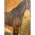 Charming vintage equestrian oil painting depicting a horse standing in a stable courtyard, rich with warm tones and rustic...