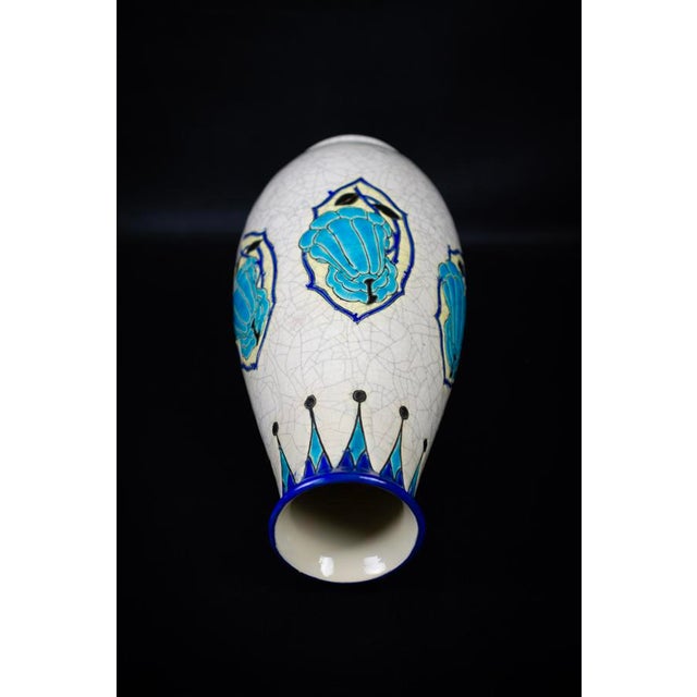 Art Deco Vase in Glazed Crackled Earthenware with Blue Flowers by Maurice Dufrene for Keramis, La Louviere, Belgium, 1920s For Sale - Image 11 of 15