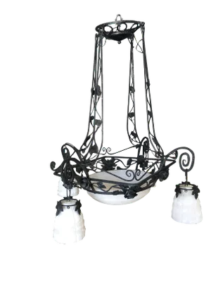 Black Iron Tole 4 Light Chandelier W/ Alabaster Shades